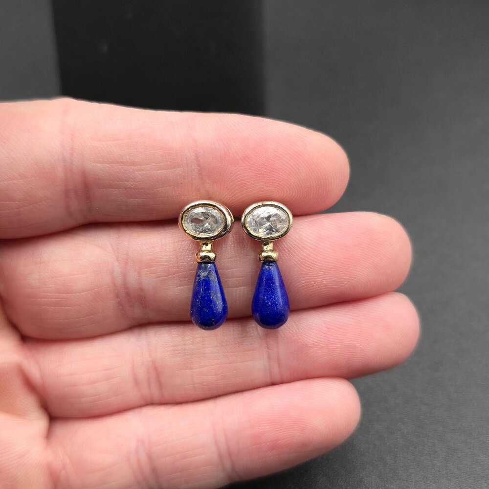 Goldtone Cubic Zirconia Gems And Lapis Lazuli Stone Earrings A6049
